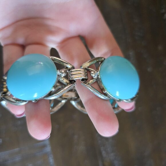 Vintage Plastic Link Bracelet Blue Silver Tone Mod Retro Chunky MCM 8" - Picture 5 of 5